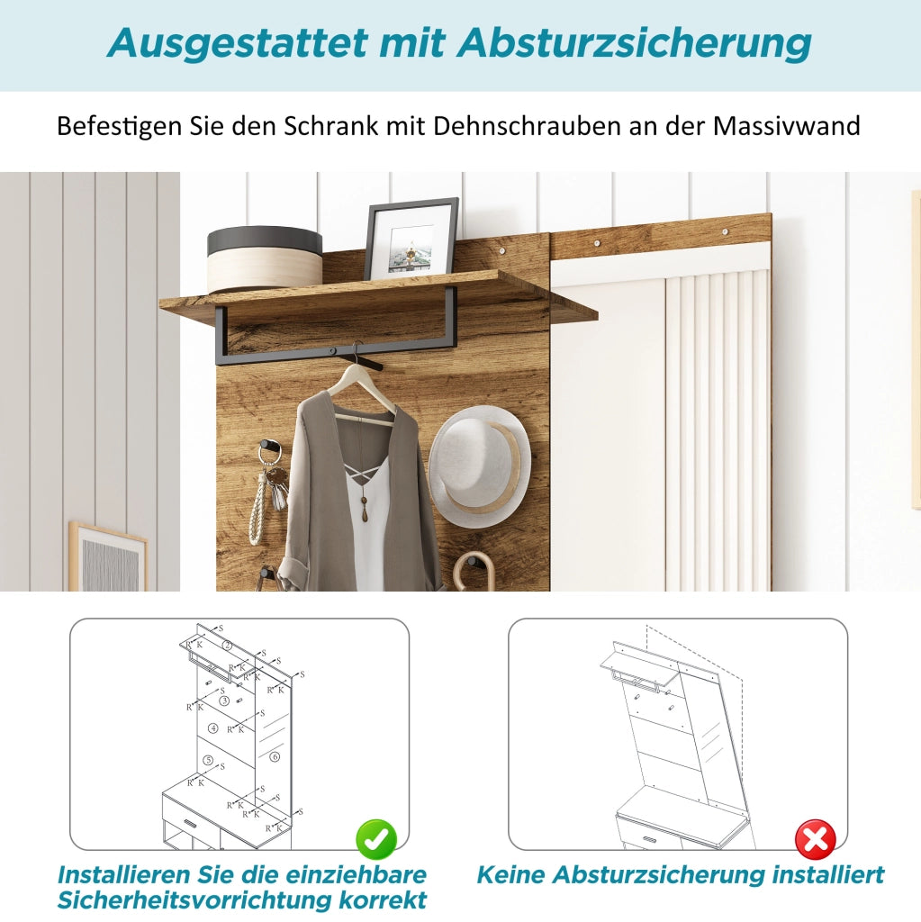 Garderoba ingresso 190 cm in effetto legno con specchio; panca imbottita e porta scarpe; colore rovere