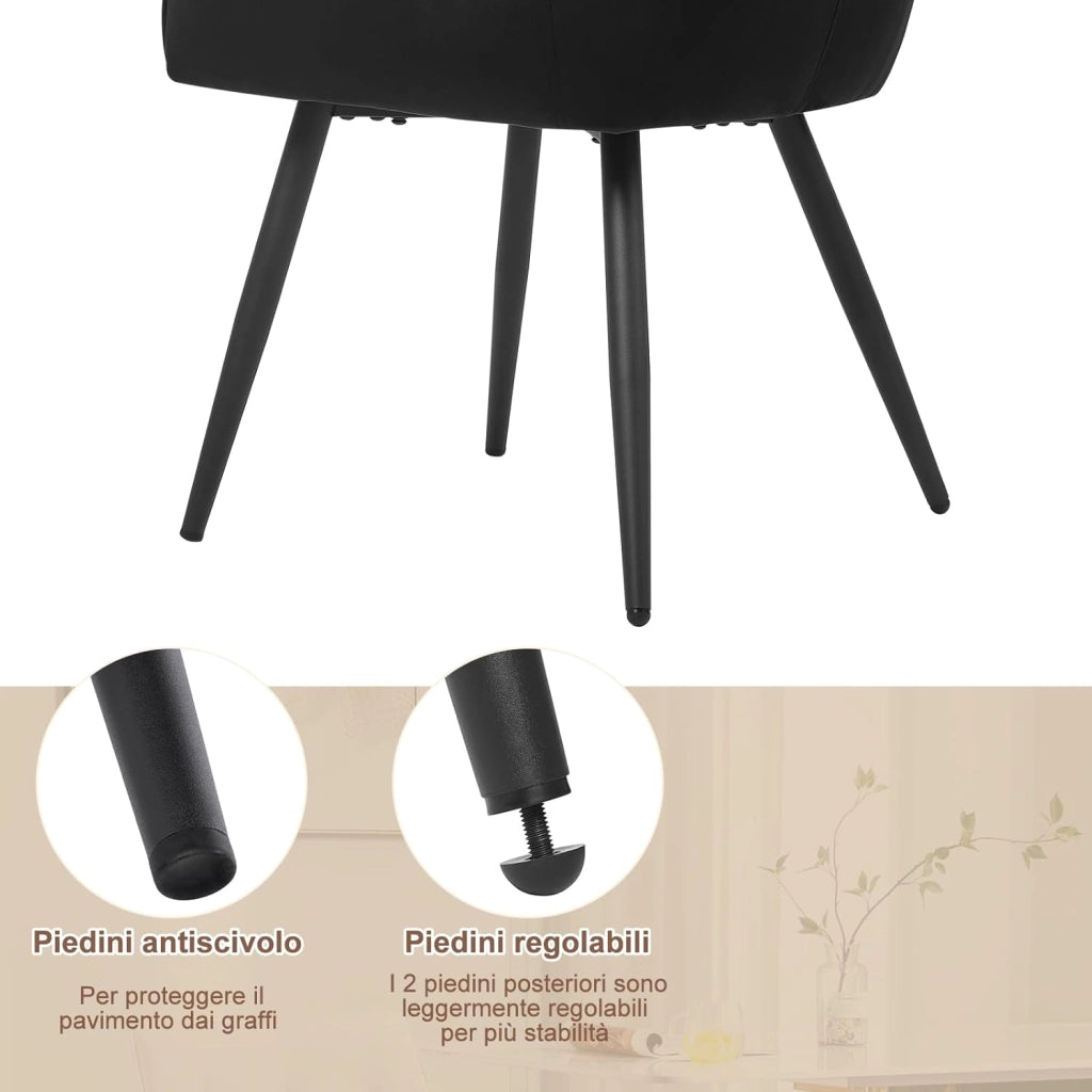 Set di 2 Sedie da Pranzo Moderne, Sedie da Cucina con Schienale e Braccioli, Poltroncine Imbottite con Gambe in Metallo, per Salotto, Ufficio e Cameretta, in Velluto, Nero, BH374sz-2
