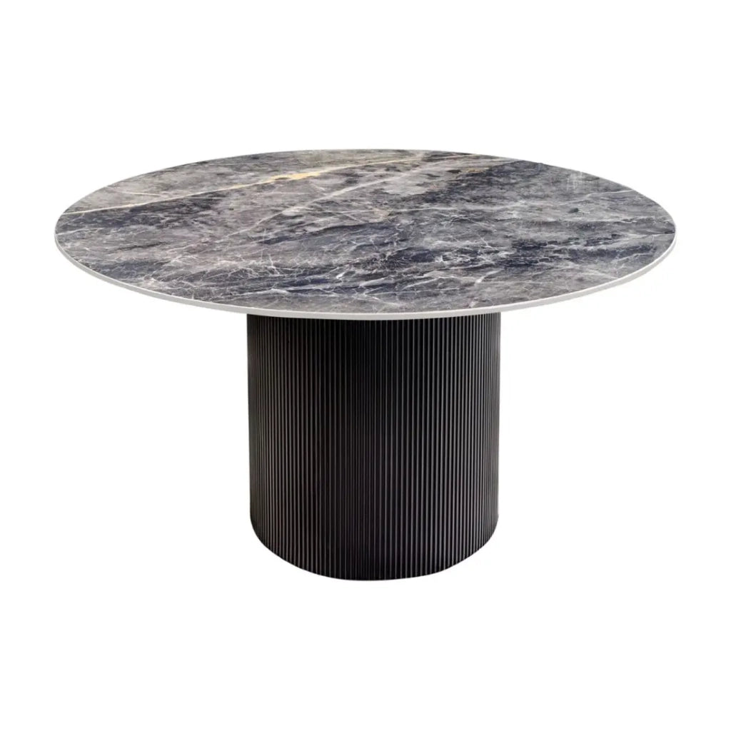 Tavolo da pranzo LUMEA – Rotondo 120 cm – Effetto marmo grigio scuro – Piede centrale largo – Stile contemporaneo