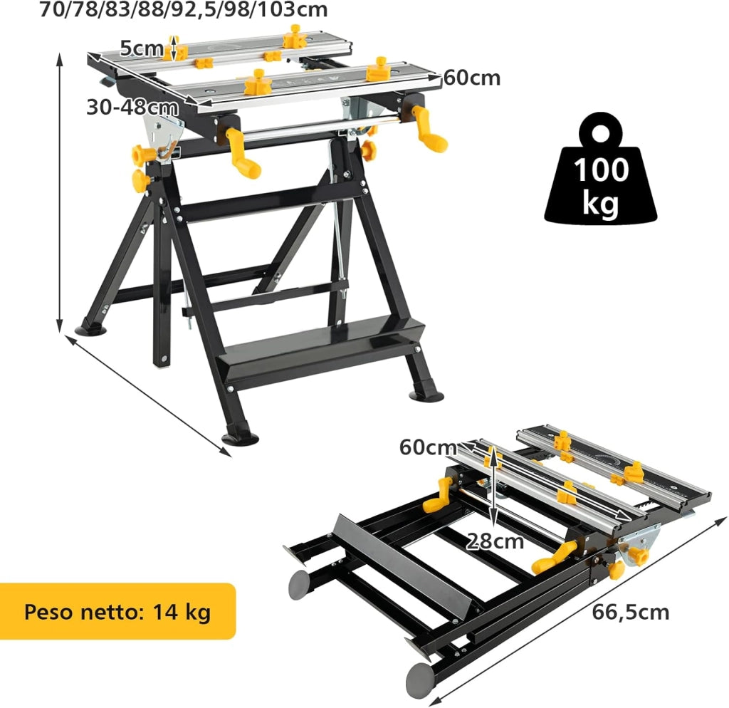 Tavolo da Lavoro Pieghevole, Banco da Lavoro Portatile con Piattaforma Inclinabile e Altezza Regolabile a 7 Livelli, Telaio in Alluminio e Metallo, Capacità di Carico 100 KG (Modello 2)