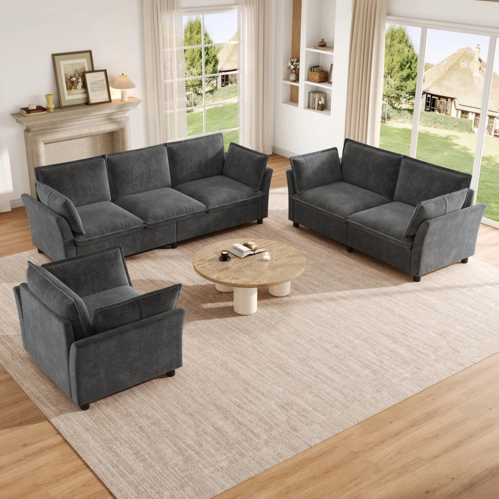 Divano modulare 3 posti con divano 2 posti e poltrona in tessuto chenille per soggiorno e relax moderno grigio