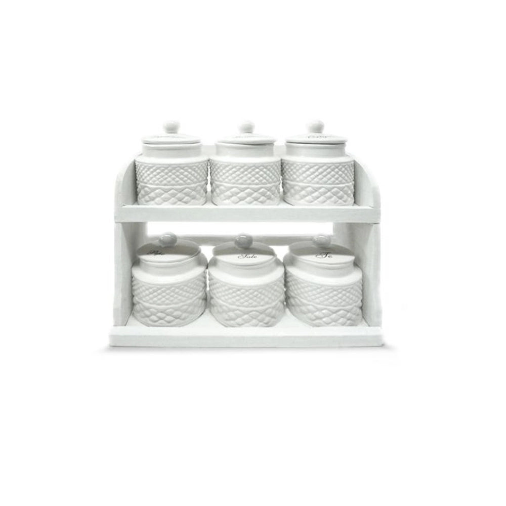 Set 6 Barattoli da Cucina per Spezie in Ceramica con Mensola in Legno