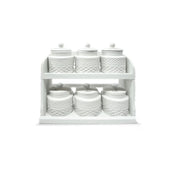 Set 6 Barattoli da Cucina per Spezie in Ceramica con Mensola in Legno