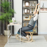 Sedia Inginocchiatoio Dondolante in Tessuto Effetto Lino e Legno di Betulla, 51x84x93 cm, Blu Scuro