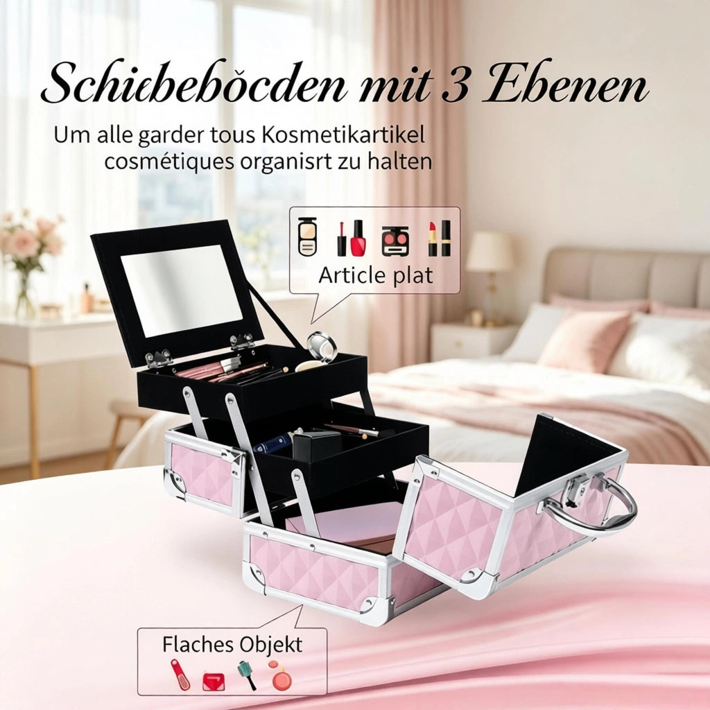 Beauty case trucco con 3 livelli; specchio e lucchetto - per viaggio - 20x15x15 cm - rosa