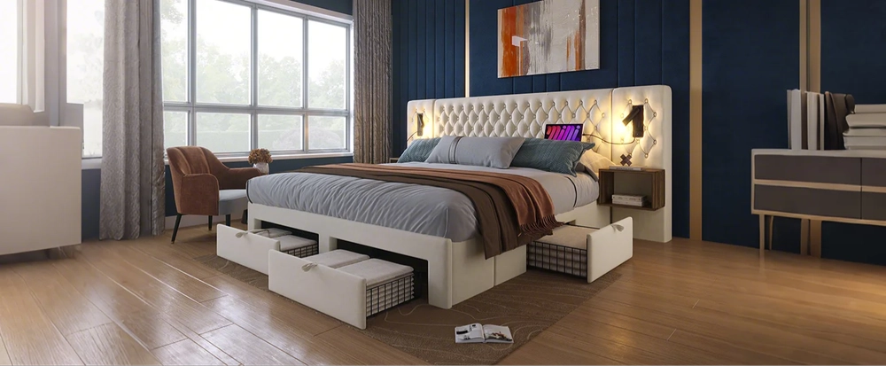 Letto matrimoniale imbottito con 2 comodini e 4 cassetti ¨C Minimal ¨C 180x200cm velluto beige testiera con led e USB