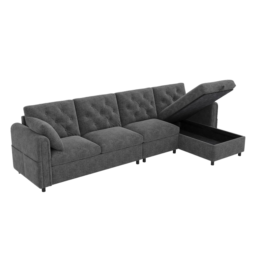 Divano angolare letto con vano contenitore e configurazione reversibile in velluto grigio