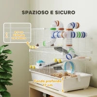 Gabbia per Criceti a 4 Livelli con Tubi, Ruota, 3 Porte e Vassoio, in Metallo, PP e PS, 78x45x73 cm, Bianco