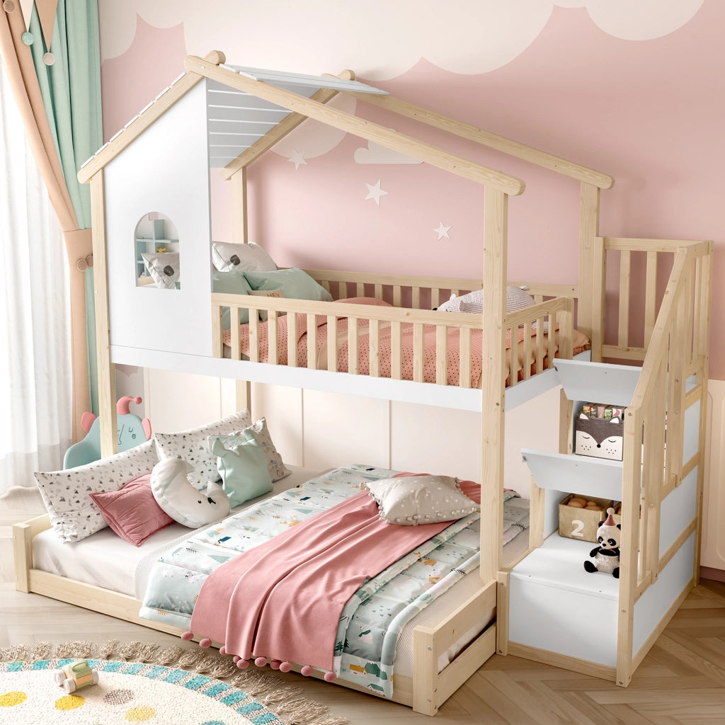 Letto a Castello 90x200 e 140x200 ¨C MINIMAL ¨C Legno Naturale e Bianco con Finestre e Contenitore