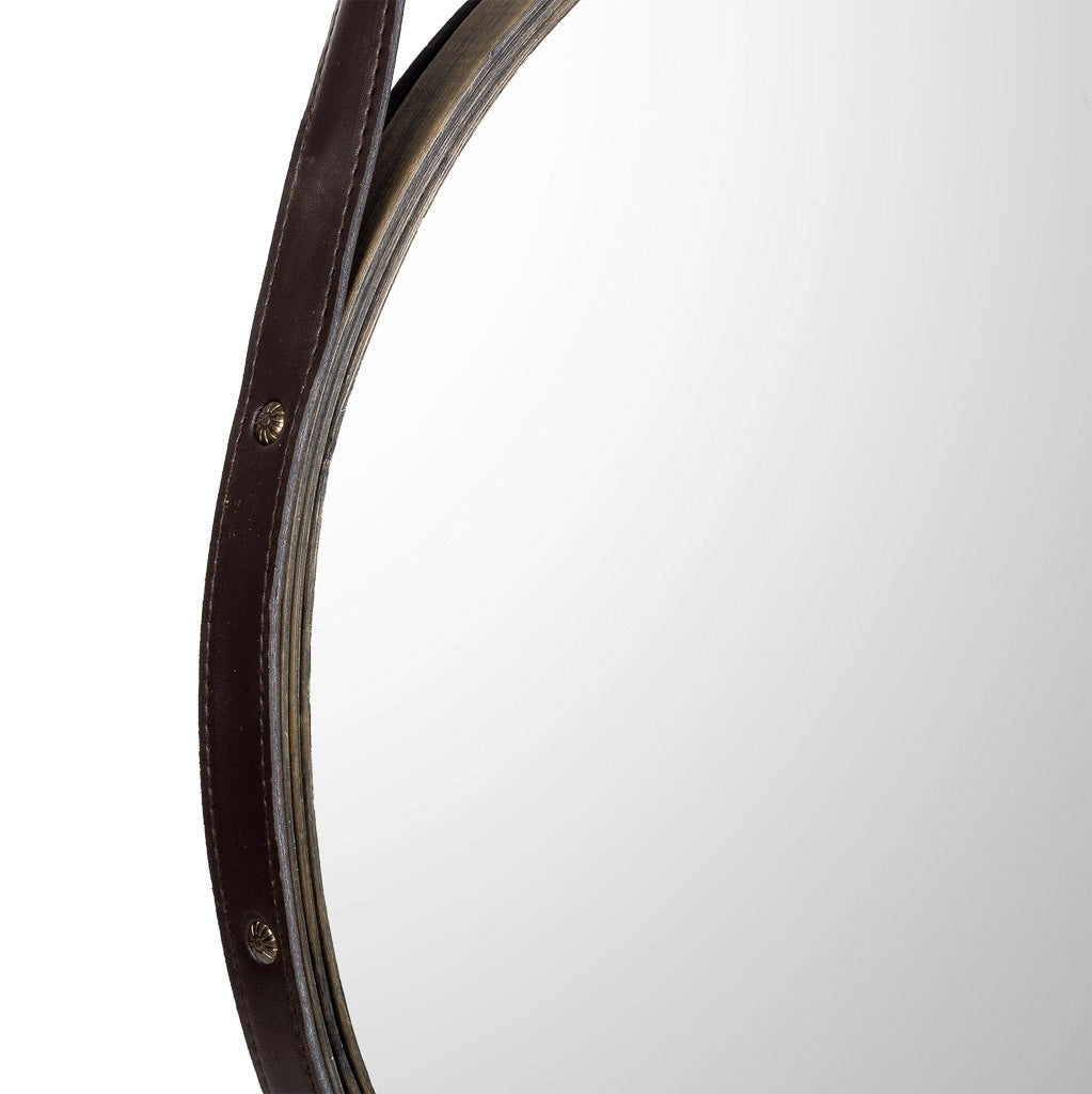 Specchio in legno e corda in similpelle marrone, D41x2,5h cm