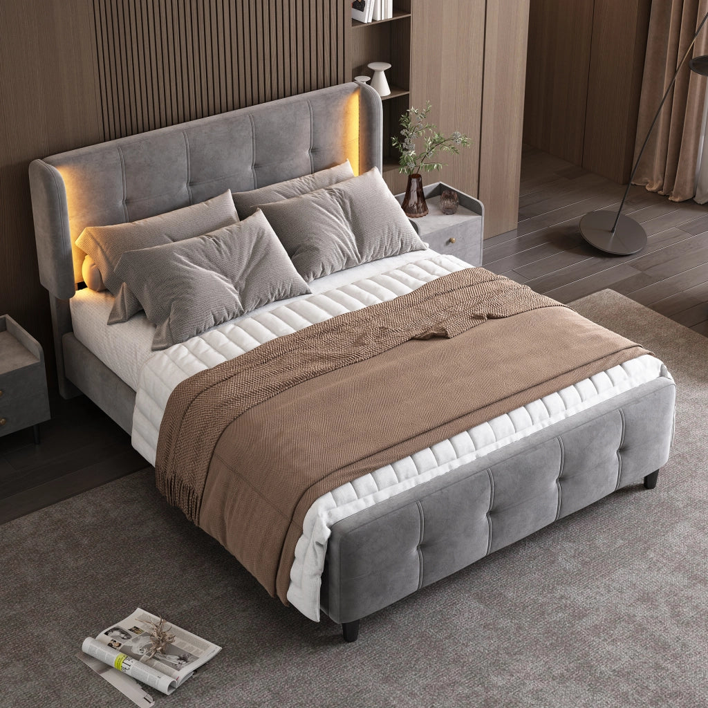 Letto Matrimoniale 140 x 200 cm - LED Regolabile e Testiera Regolabile - in Velluto - Grigio