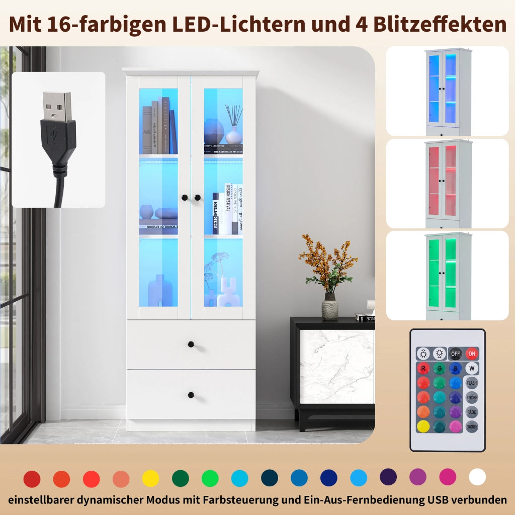 Vetrina con LED, 2 cassetti e ripiani regolabili, con ante a battente, per soggiorno, bianco, 165 × 60 × 35,5 cm