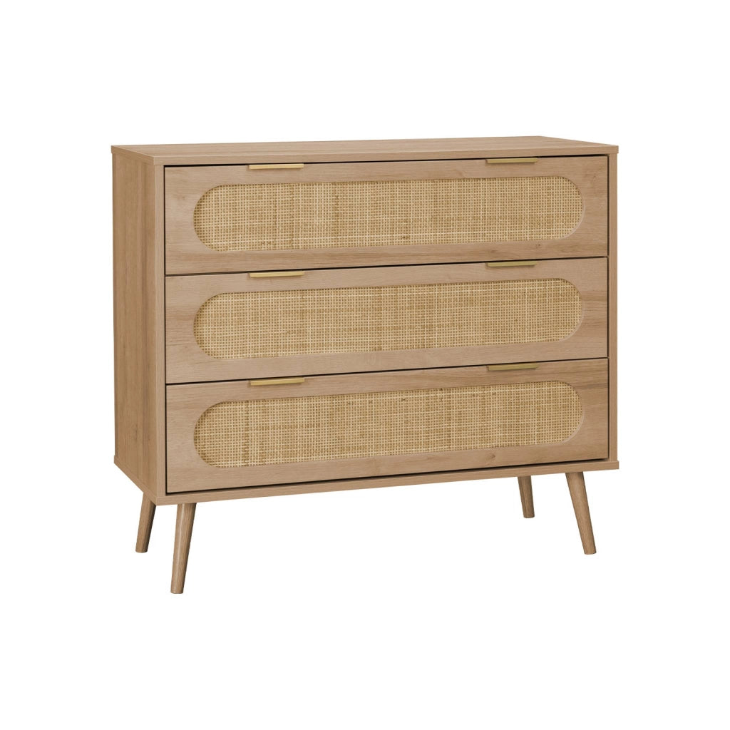 Cassettiera in legno e canna intrecciata, 3 cassetti, marrone naturale