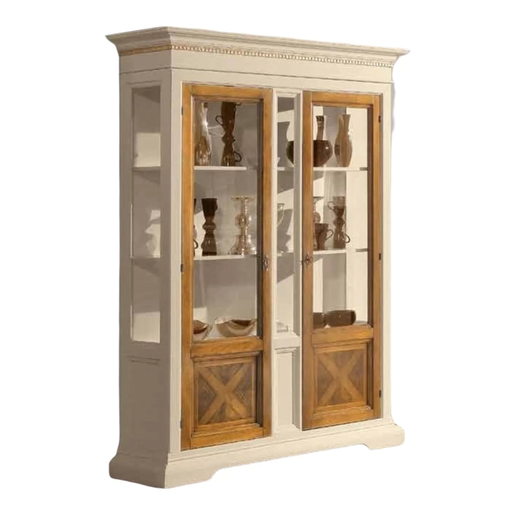 Vetrina 2 porte in legno classica avorio noce 146x53x213 - Mobili 2G