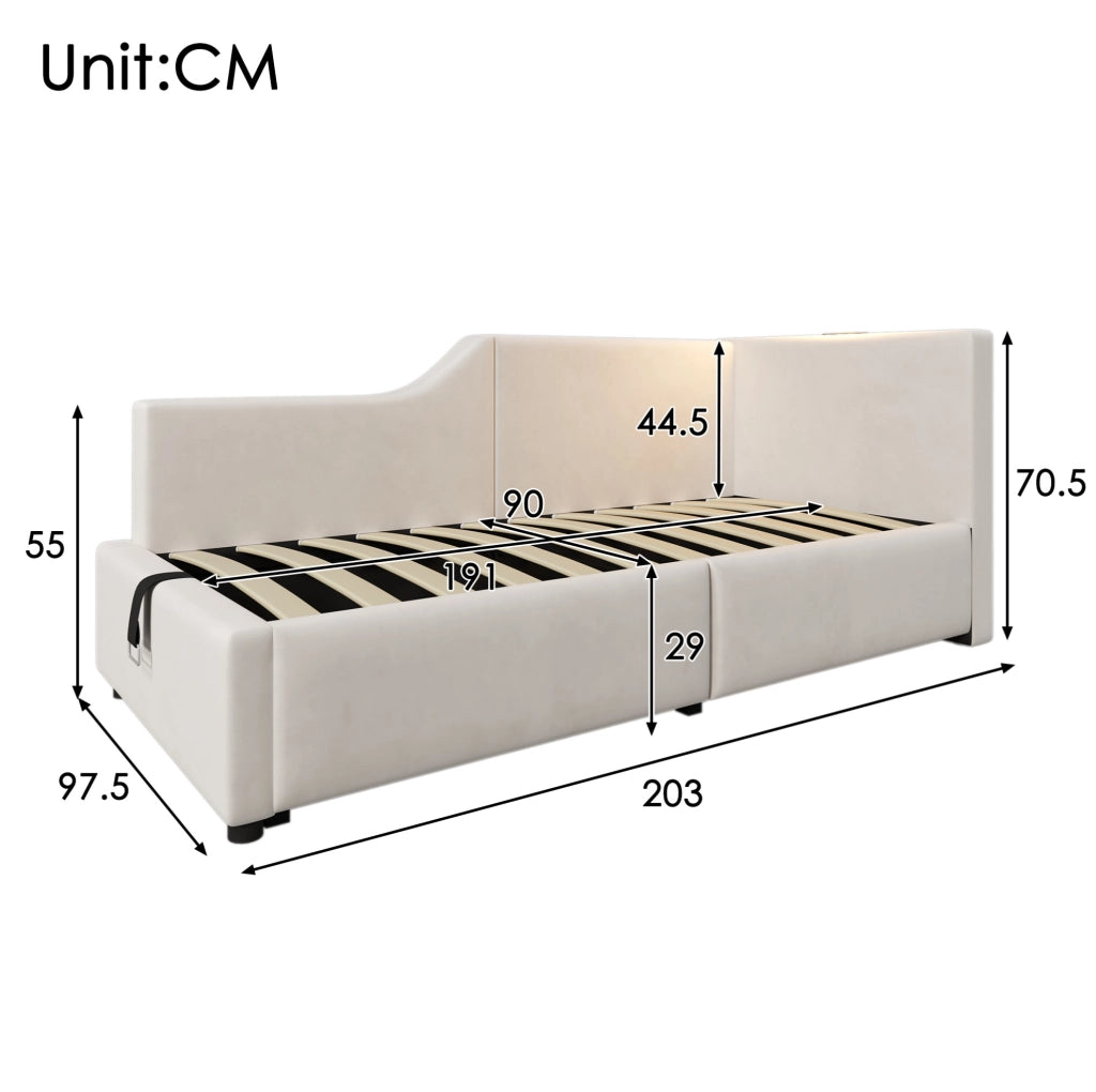 Letto singolo a divano 90x190 cm in velluto beige con vano
