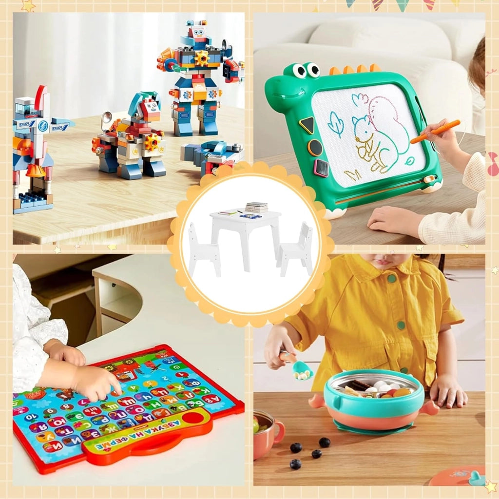 Tavolino per Bambini con Sedie, Set di Tavolo con Lavagna e Contenitore, Mobile per Cameretta dei Bambini, Asilo, Scuola Materna, Piano Ribaltabile