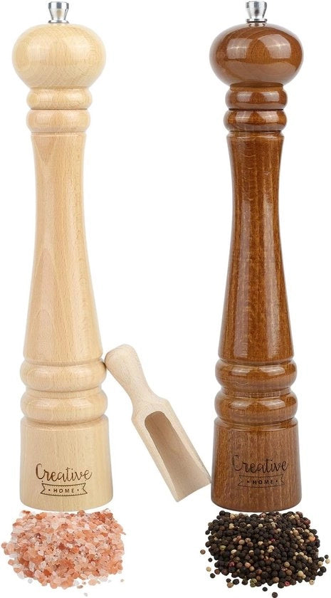 Set di 2 Molini per Pepe e Sale in Legno - Set di 2 Macchine per Affilare - Mini Cucchiaio in Legno - 315 cm di Altezza - Legno di Faggio Naturale - Meccanismo di Compattatura Manuale
