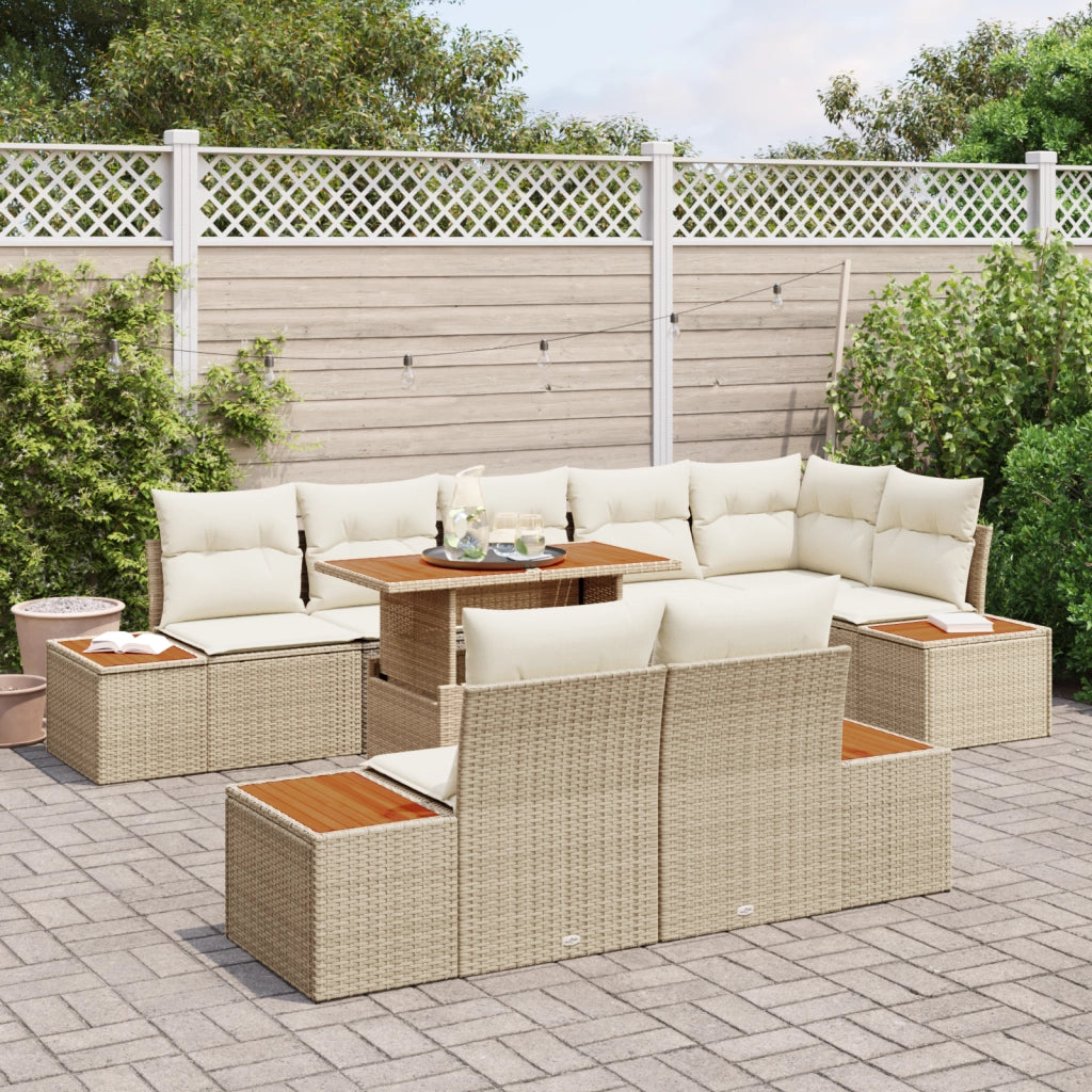 Set da pranzo da giardino 9 pezzi con cuscini beige in polyrattan e acacia