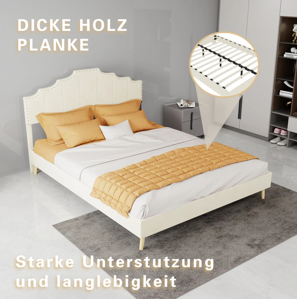Letto imbottito con rete a doghe e materasso 140 x 200 cm in tessuto beige