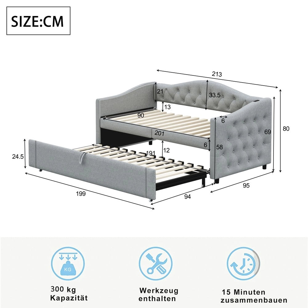 Letto Imbottito Singolo Estraibile con Rete a Doghe ¨C MINIMAL ¨C Tessuto Lino Grigio 90x200