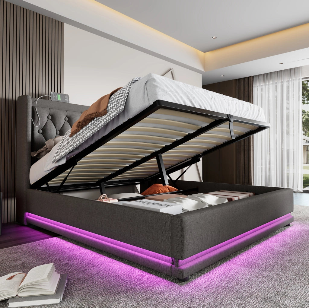 Letto matrimoniale imbottito 140x200 cm in cotone grigio con contenitore; USB e LED