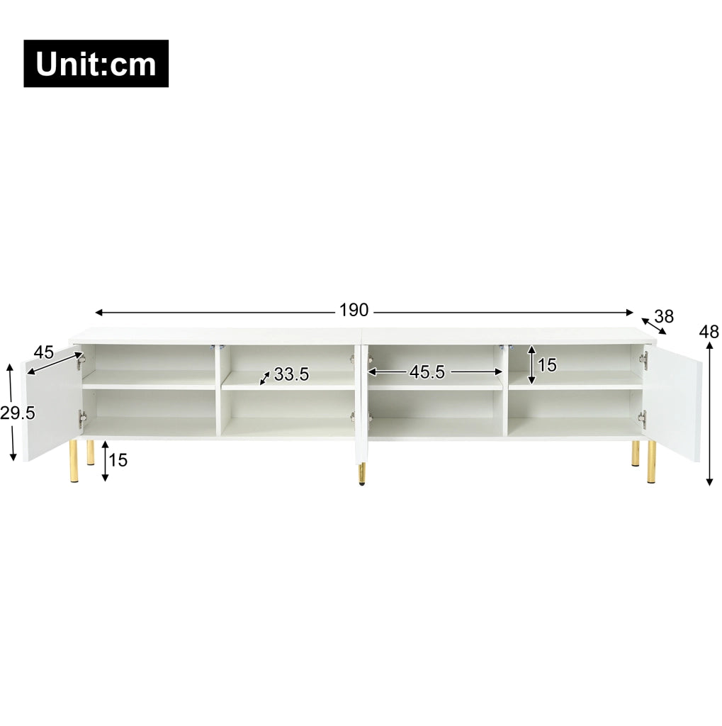 Mobile TV bianco 190x38x48 cm con gambe dorate e porte scanalate