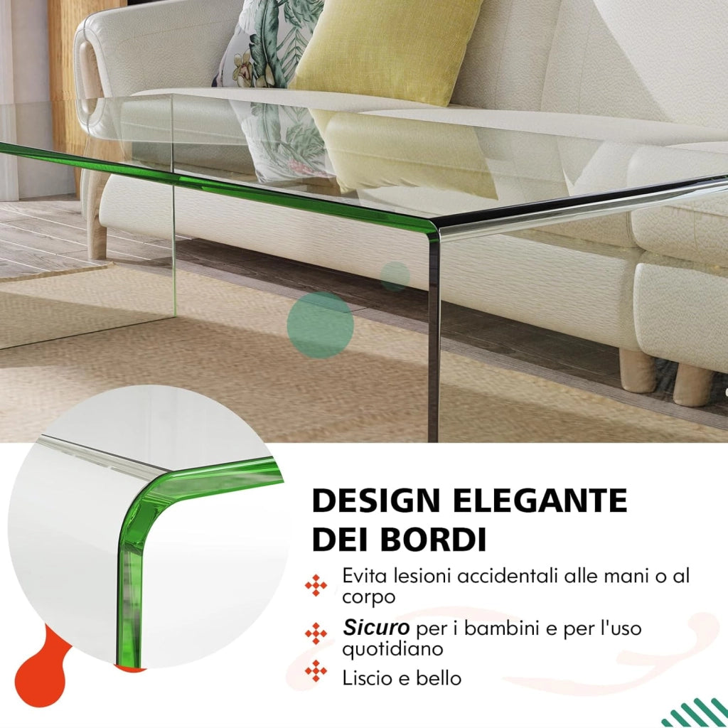 Tavolino da Salotto in Vetro Temperato, Tavolino Soggiorno a Forma di U con Bordi Lisci Arrotondati e Piedini, Tavolino Basso Moderno da Soggiorno, Ufficio e Hotel, 108 x 50 x 35 cm