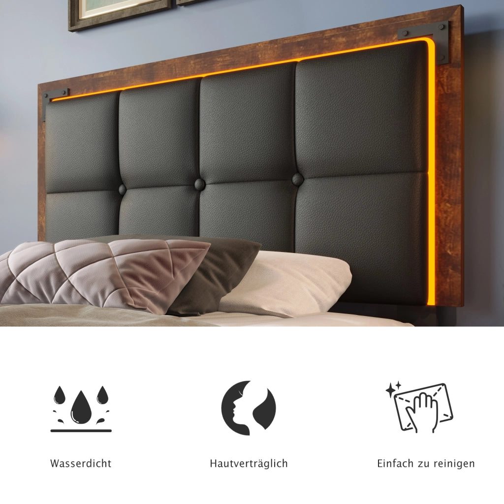 Letto con Cassetti 90x200 cm; Singolo - 4 Cassetti; LED e Testiera Regolabile - Nero