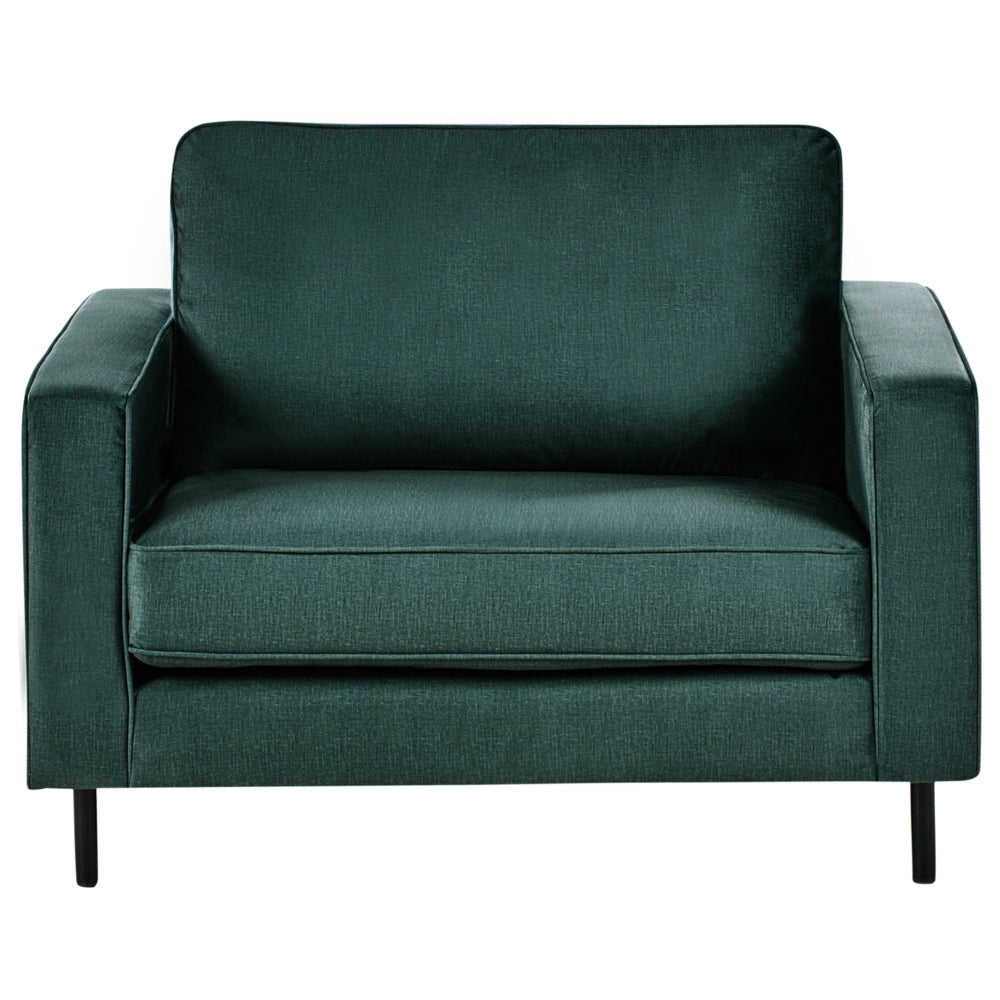 Poltrona in velluto verde scuro con cuscini e gambe in metallo stile moderno minimalista