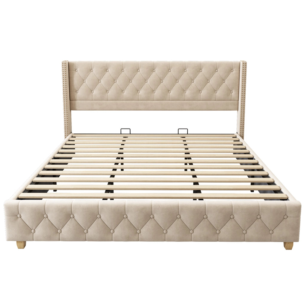 Letto Imbottito 180×200 cm; Letto Matrimoniale con Testiera e Pediera Trapuntate; senza Materasso; Velluto; Beige Chiaro