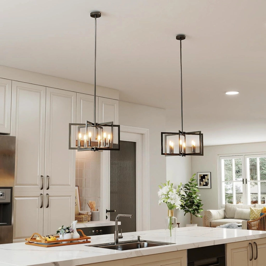 Lampadario a Sospensione a 6 Luci, Lampada a Sospensione Geometrica Moderna in Metallo Industriale con Altezza Regolabile, Lampada da Soffitto per Cucina, Salotto e Camera da Letto (Nero)