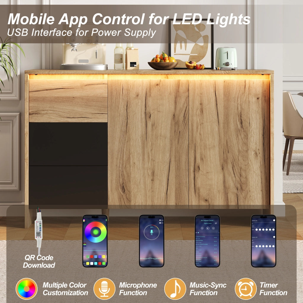 Credenza, 3 cassetti, illuminazione a LED, 120 x 76 x 40 cm, color legno naturale e nero