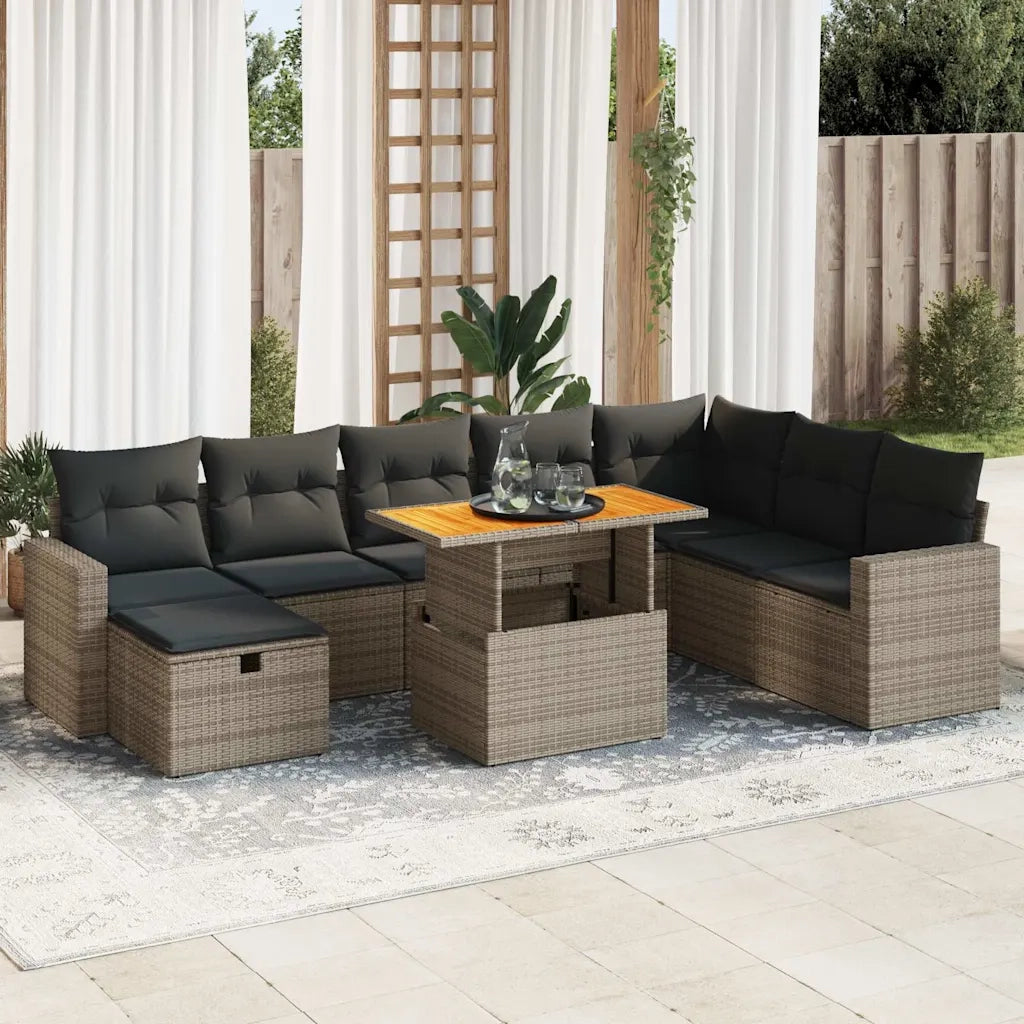 Set Divano da Giardino 9pz con Cuscini Grigio Polyrattan Acacia 3328019