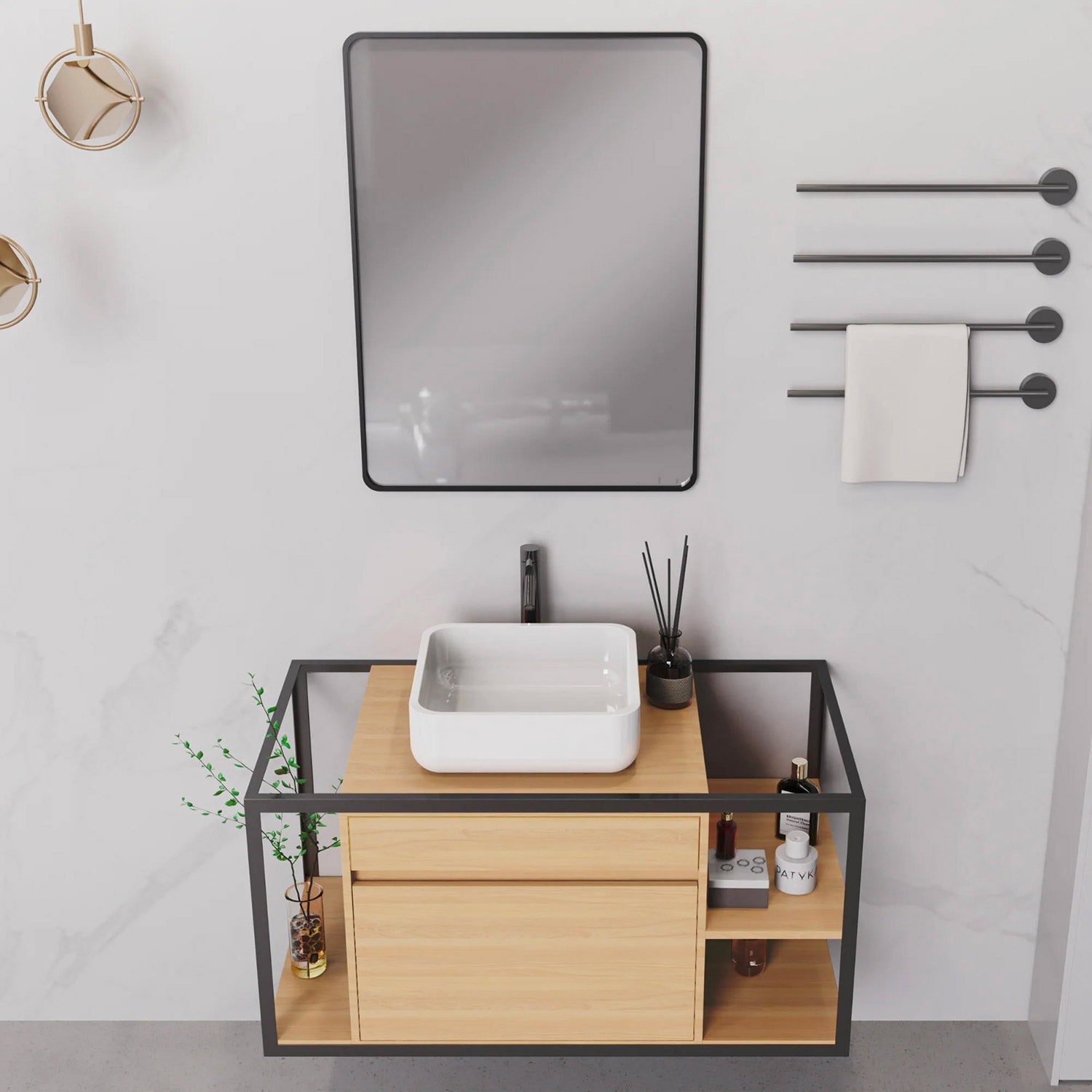 Mobile Bagno Sospeso 100 cm Lavabo e Specchio Berlin Rovere e Nero