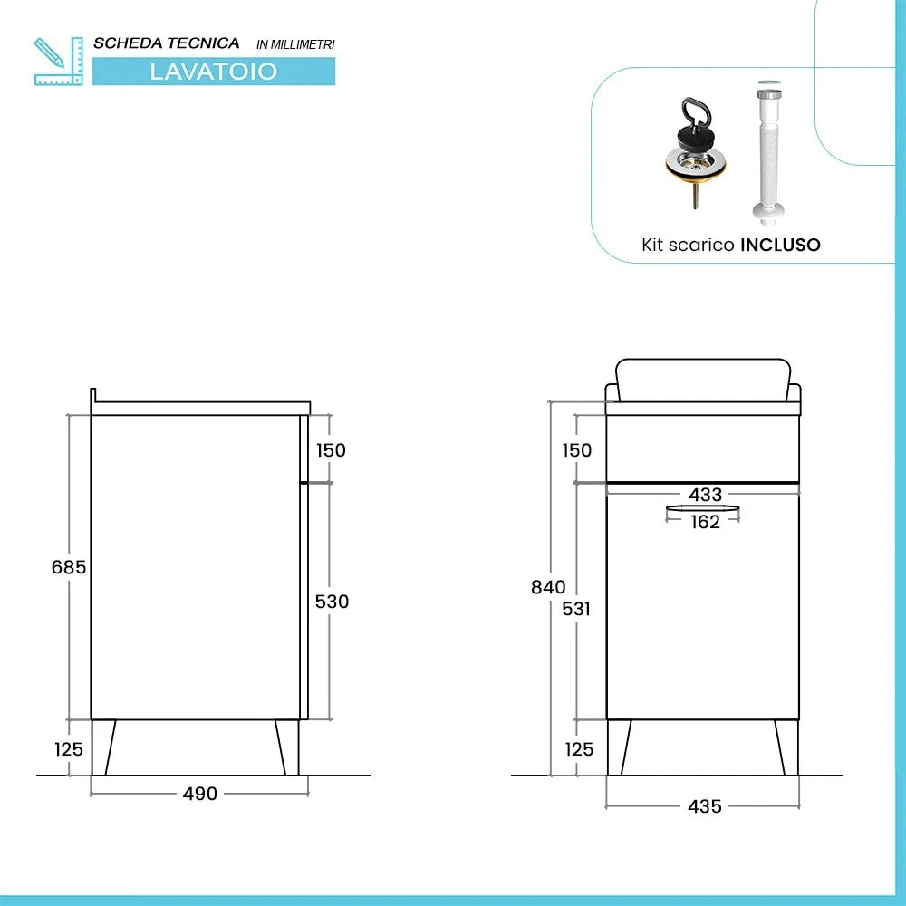 Mobile lavatoio 45x50 cm grigio calce vasca in ceramica e kit di scarico Moon
