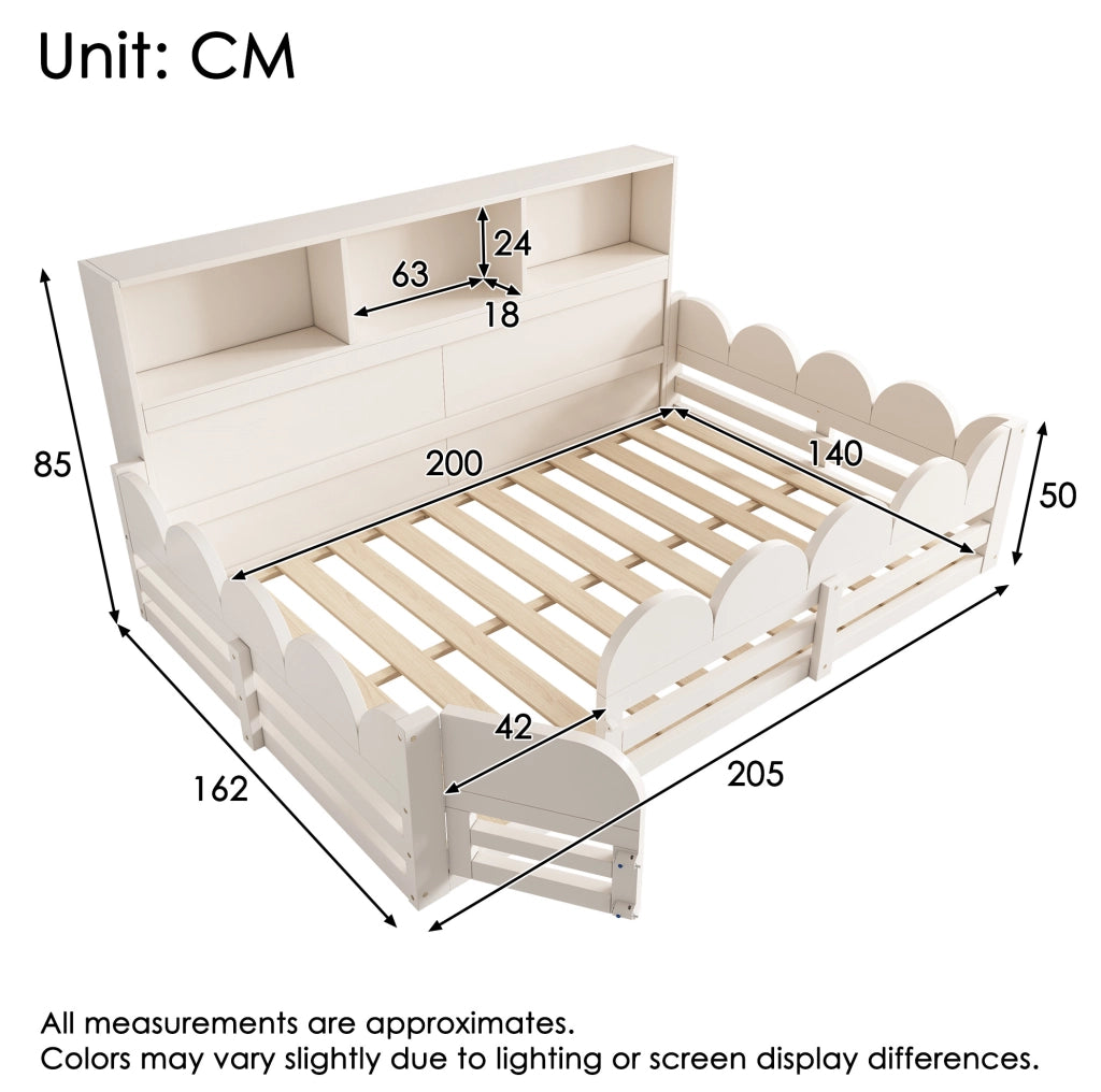 Letto a pavimento per bambini 140x200 cm bianco in legno con sponde; porta e ripiani