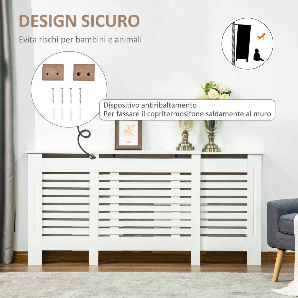 Easycomfort Mobile Copricalorifero Larghezza Regolabile e Mensola Superiore in MDF e Legno, 140-202x19x82.5cm, Bianco