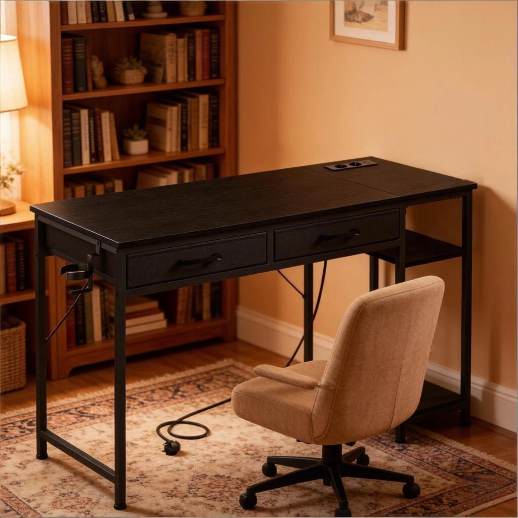 Scrivania con 2 cassetti in tessuto, ripiano laterale, prese usb e tipo c, per studio e soggiorno, nera 120 × 51 × 75 cm