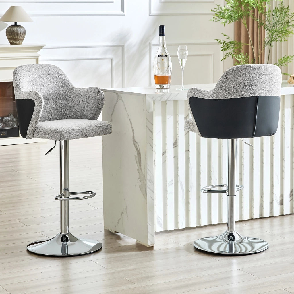 Sgabello da bar girevole e regolabile in altezza con braccioli e poggiapiedi in tessuto grigio chiaro 88 × 49 × 54,5 cm