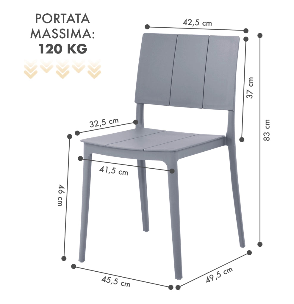 Set 4 Sedie In Polipropilene e Fibra Di Vetro Sedia Cucina Trattamento Uv Antiscolorimento Giardino Interno Esterno Moderne Robuste Resistenti Seduta Terrazzo Soggiorno Bar Ristorante Impilabili Livia-Grigio