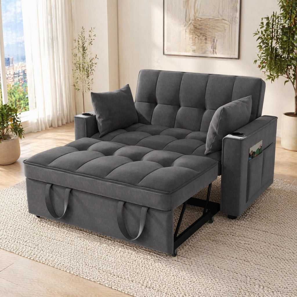 Divano letto 3 in 1 in velluto grigio 137x76;5x83 cm; con 2 cuscini e portabicchieri