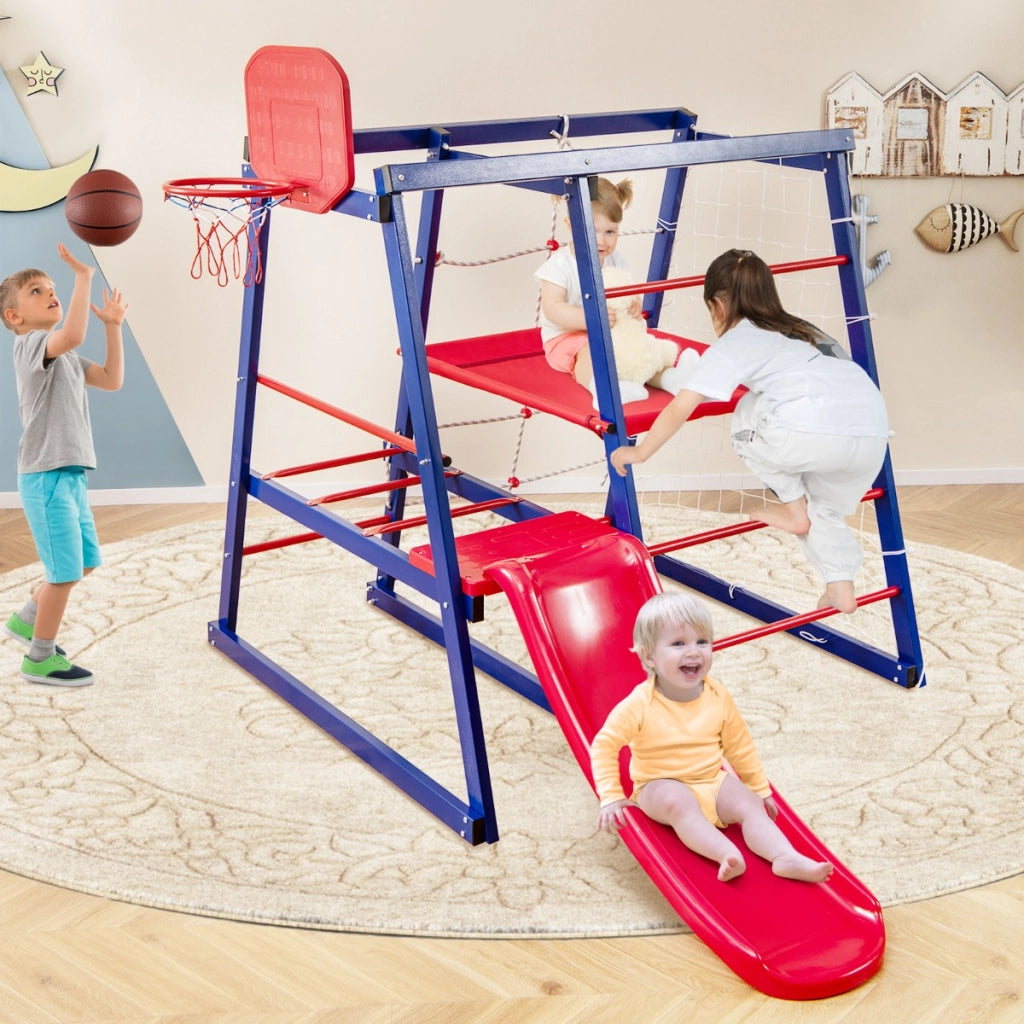 7-in-1 Parco giochi con scivolo e rete scala rampicante e scala di corda 150x142x146cm-Arrampicate e scivoli
