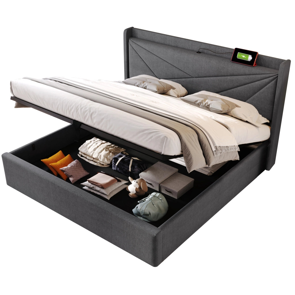 OKWISH Letto contenitore 160×200 cm, Letto Matrimoniale con Porte USB, Tipo C e Testiera Geometrica, senza Materasso, in Lino Cotone, Grigio