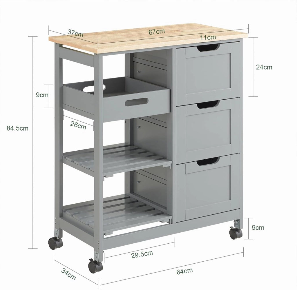 Carrello Cucina con 3 Cassetti e 1 Cestino, Mobiletto Cucina Salvaspazio con 4 Ruote Girevoli, Credenza Cucina o Bagno, Mobiletto Cucina Dispensa, L68 x P38 x A85 cm, grigio,FKW79-HG