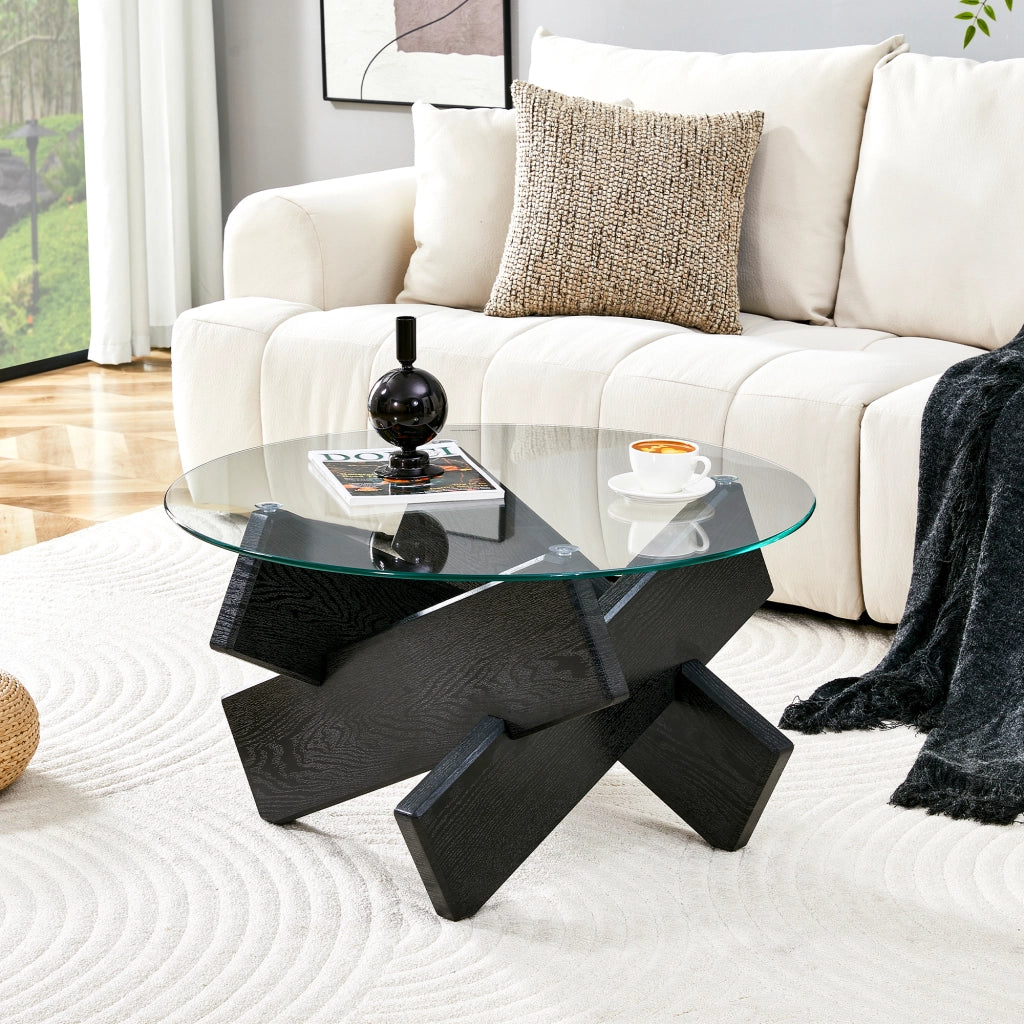 Tavolino da salotto rotondo - Zephmum- MDF+vetro temperato 79cm diametro nero