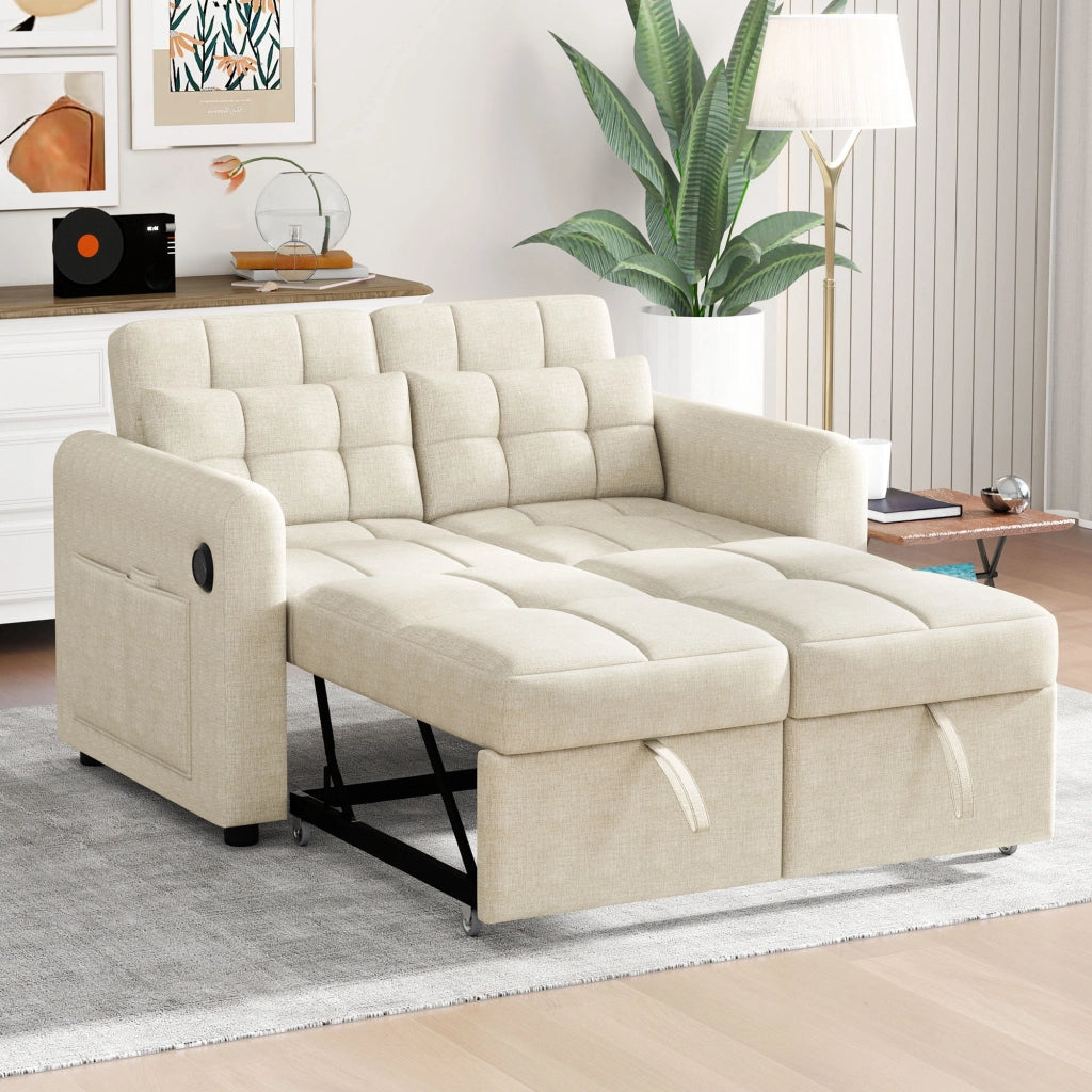 Divano letto 3 in 1 con schienale regolabile; USB e tasche laterali in cotone e lino beige