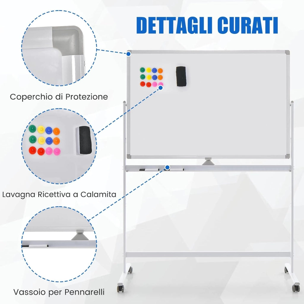 Lavagna Bianca Mobile 120 x 80 cm, Lavagna a Doppia Faccia Magnetica Cancellabile a Secco con Cavalletto e Ruote, Altezza Regolabile 2 Livelli, Accessori Completi (Bianco)