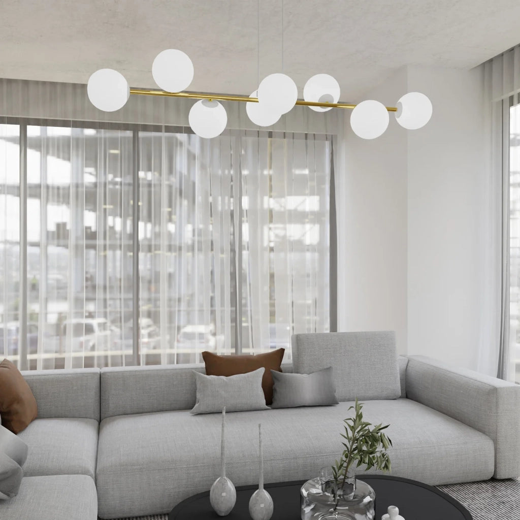 Sospensione Contemporanea Rhiannon 8 Luci In Acciaio Bianco E Oro E Vetro Bianco