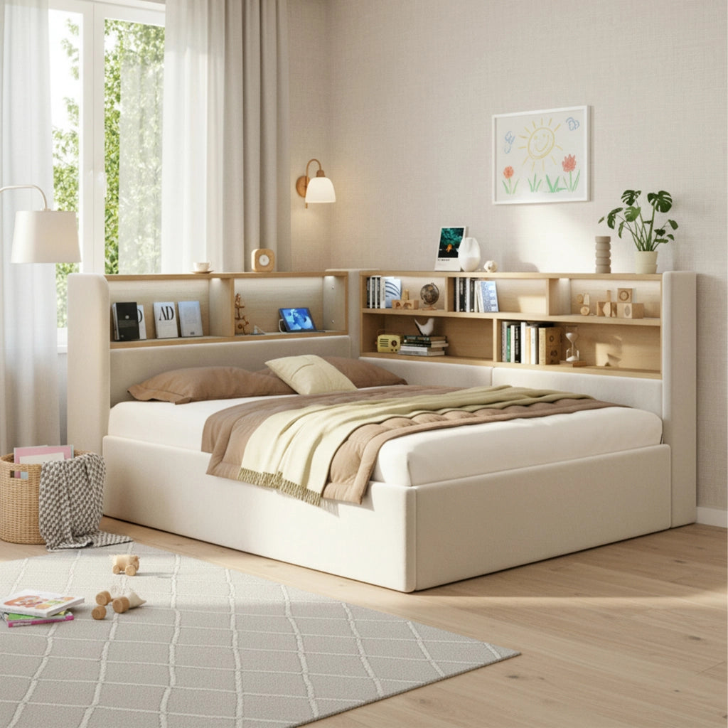 OKWISH Letto a Divano 140×190 cm, Letto Matrimoniale con Contenitore, LED Regolabile, USB, Tipo C e Mensole, senza Materasso, Velluto, Beige