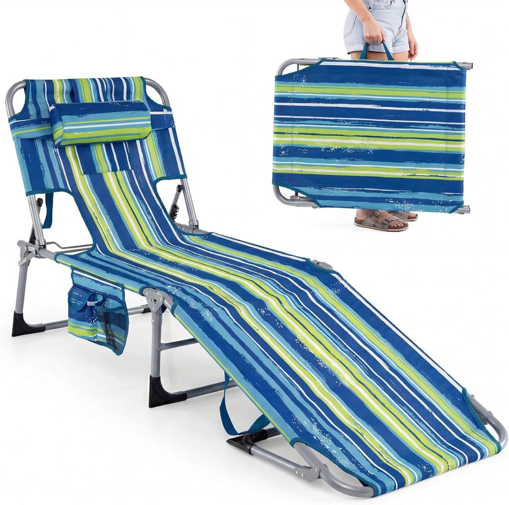 Sole pieghevole, schienale regolabile in 4 posizioni, sedia reclinabile da spiaggia, poggiatesta rimovibile e fori per il viso e il braccio, lettino per piscina, 169-193 x 60 x 35-80 cm